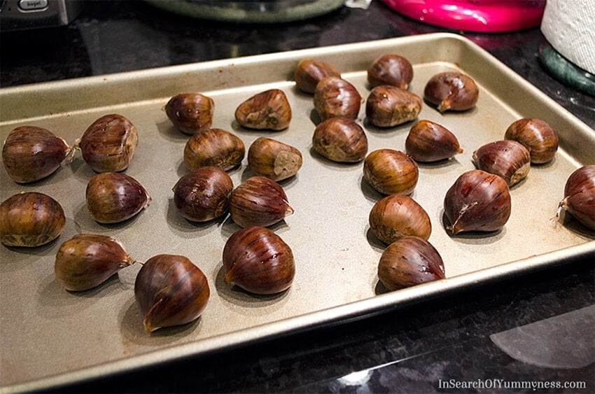 Chestnuts on a baking tray | InSearchOfYummyness