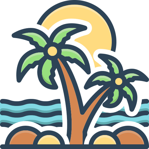 An illustration of a Caribbean beach with a palm tree, sand, water and a sun.