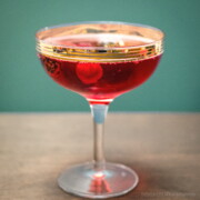 Sparkling cranberry punch in a coupe glass with frozen cranberries and berries, showing the fizzy bubbles and deep red colour against a teal background