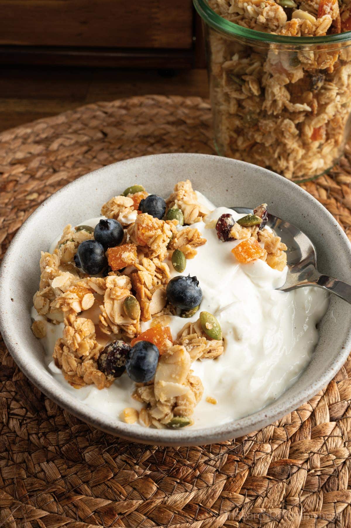 A bowl of Greek yogurt topped with homemade granola and fresh blueberries.