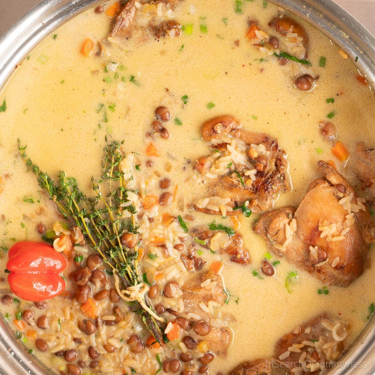 A stainless steel pot full of browned chicken, rice, carrots and onions, simmering with chicken stock and coconut milk.