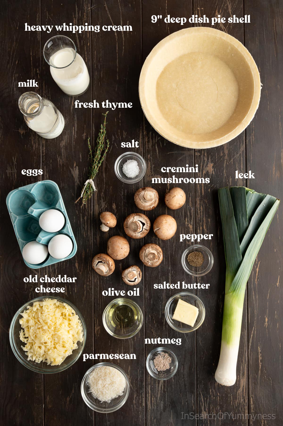 Ingredients needed to make a leek and mushroom quiche including a deep dish pie shell, cremini mushrooms, eggs and leeks, on a wooden table.