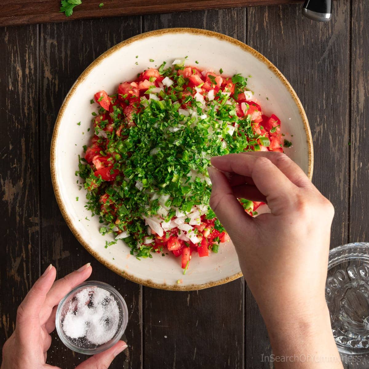 Someone adding a kosher salt to a large bowl with finely diced tomatoes, onion, serrano peppers and chopped cilantro.