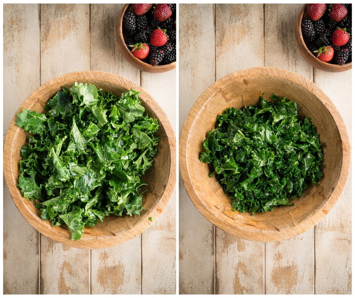 A side by side comparison of a bowl of kale before it has been massaged, and a bowl of kale after it has been massaged with oil and salt.