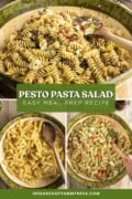 Vertical Pinterest graphic featuring bowls of pesto pasta salad with feta in various stages. Text overlay says "Pesto pasta salad. Easy meal prep recipe."