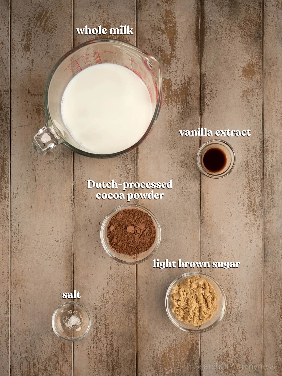 Ingredients for homemade hot chocolate including a Pyrex measuring jug with whole milk, and glass bowls with vanilla extract, cocoa powder, light brown sugar and salt, on a light wooden table.